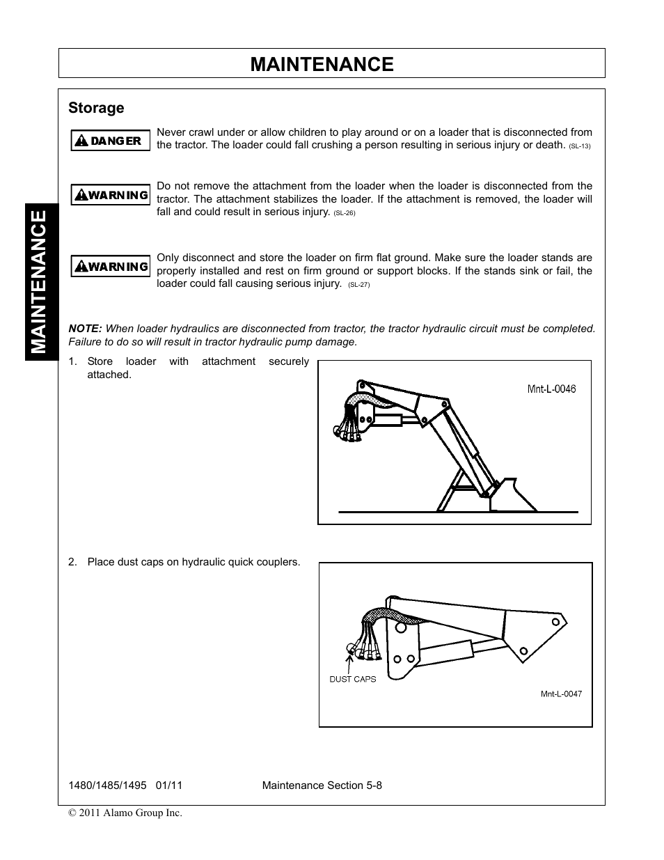 Storage, Store loader with attachment securely attached, Place dust caps on hydraulic quick couplers | Storage -8, Maintenance | Servis-Rhino 1495 User Manual | Page 96 / 104