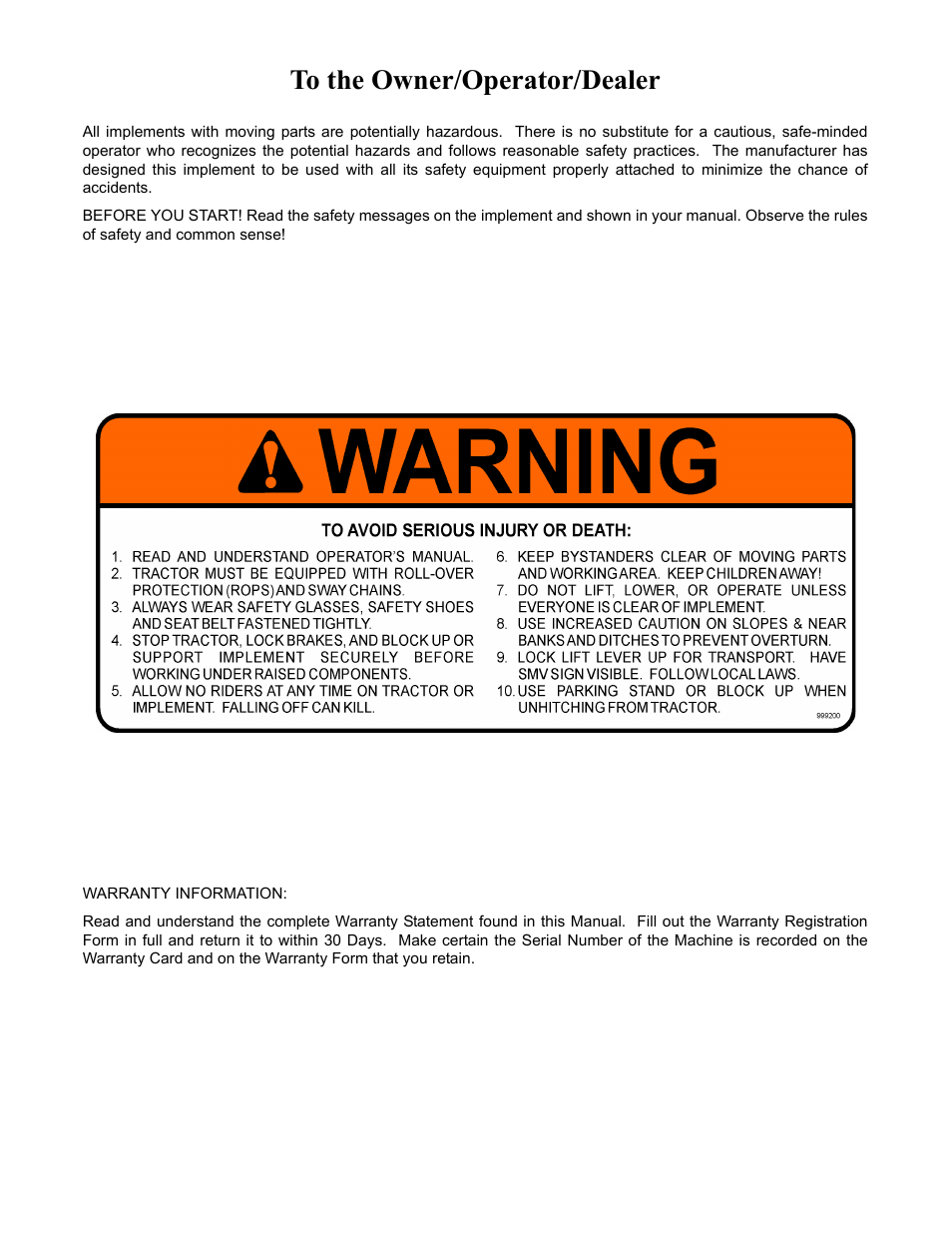 To the owner/operator/dealer | Servis-Rhino 2412 User Manual | Page 2 / 100