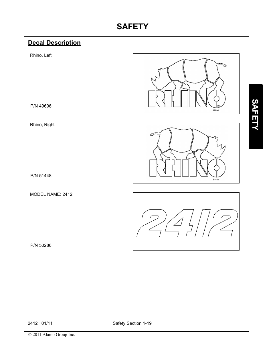 Decal description, Decal description -19, Safety | Servis-Rhino 2412 User Manual | Page 23 / 100