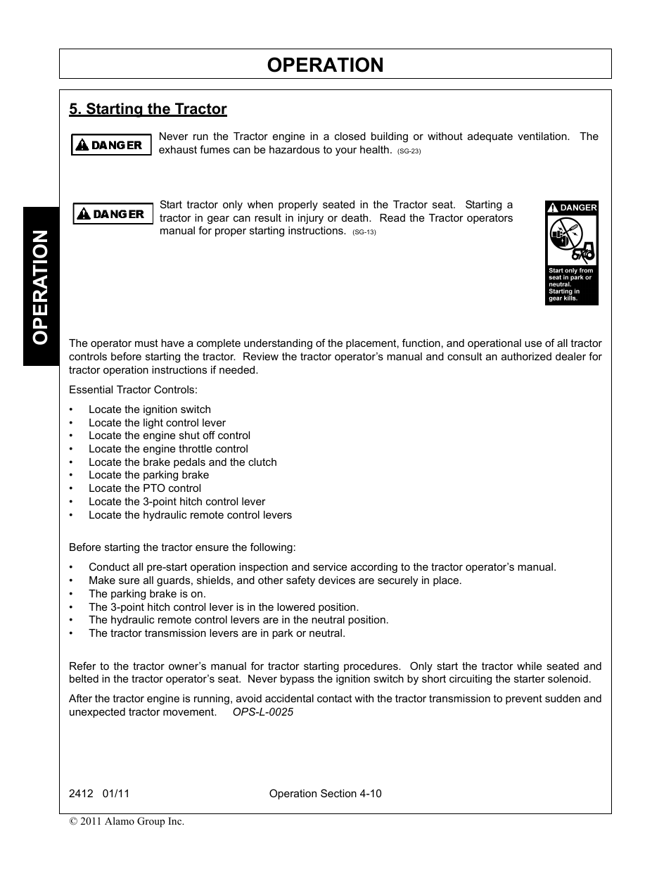 Starting the tractor, Starting the tractor -10, Operation | Opera t ion | Servis-Rhino 2412 User Manual | Page 54 / 100
