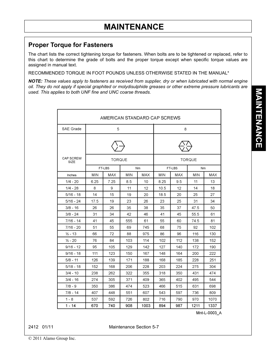 Proper torque for fasteners, Proper torque for fasteners -7, Maintenance | Servis-Rhino 2412 User Manual | Page 95 / 100