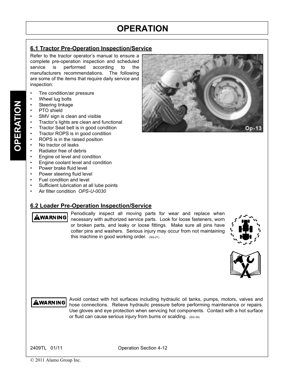 1 tractor pre-operation inspection/service, 2 loader pre-operation inspection/service, Operation | Opera t ion | Servis-Rhino 2409TL User Manual | Page 58 / 104