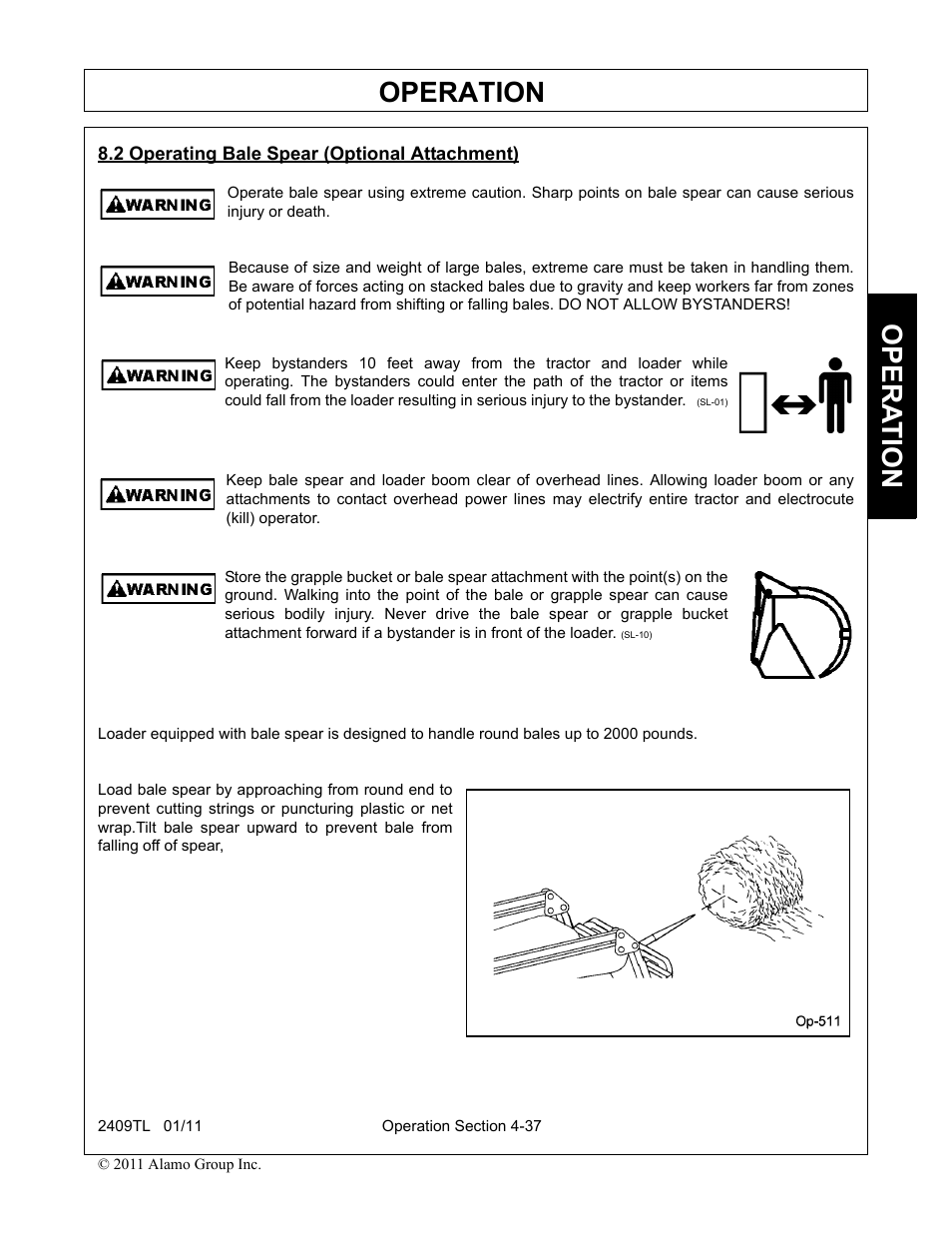 2 operating bale spear (optional attachment), Operating bale spear (optional attachment) -37, Operation | Opera t ion | Servis-Rhino 2409TL User Manual | Page 83 / 104