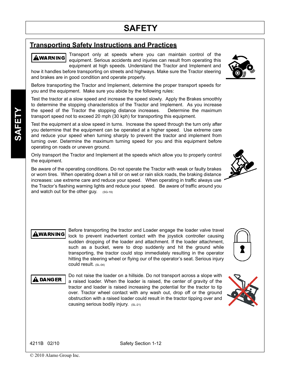 Transporting safety instructions and practices, Transporting safety instructions and practices -12, Safety | Servis-Rhino 4211B User Manual | Page 16 / 104