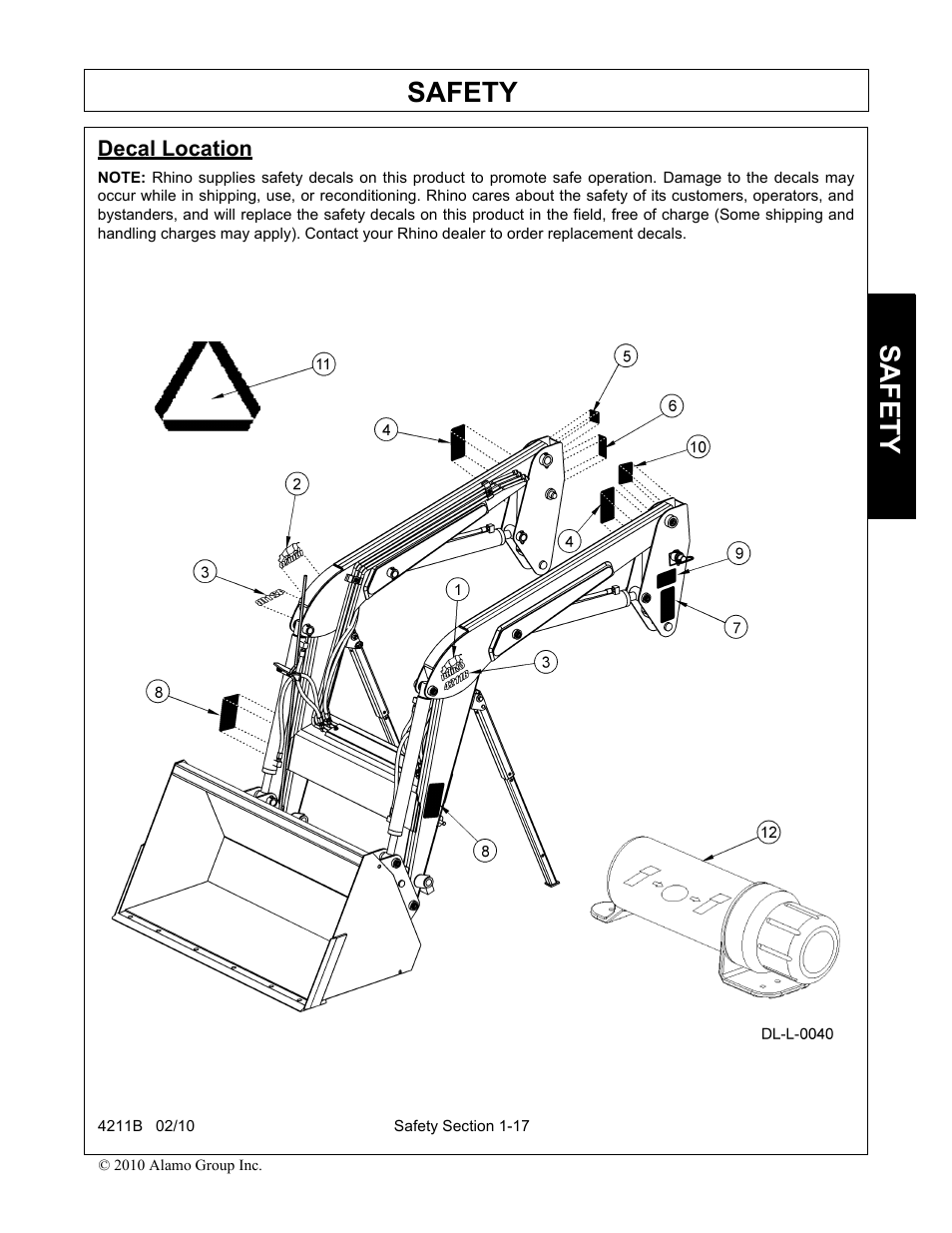 Decal location, Decal location -17, Safety | Servis-Rhino 4211B User Manual | Page 21 / 104