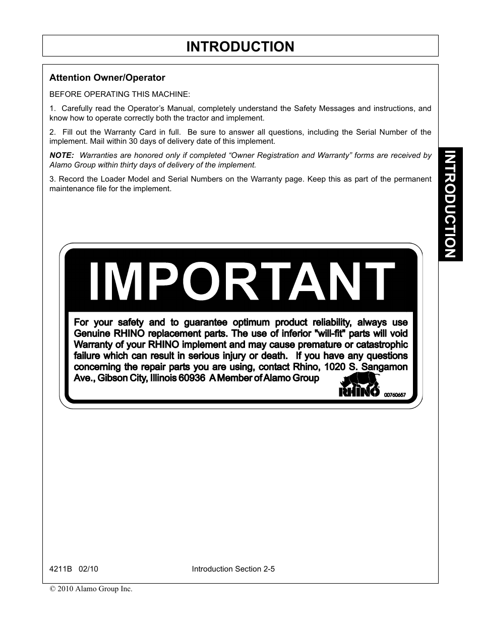 Attention owner/operator, Introduction | Servis-Rhino 4211B User Manual | Page 33 / 104