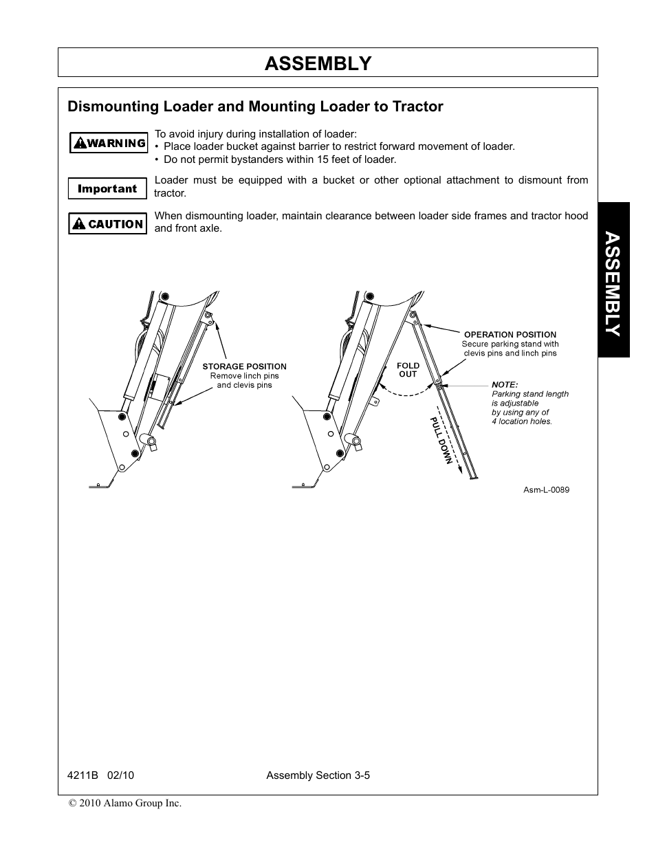 Dismounting loader and mounting loader to tractor, Assembly, Assembl y | Servis-Rhino 4211B User Manual | Page 39 / 104