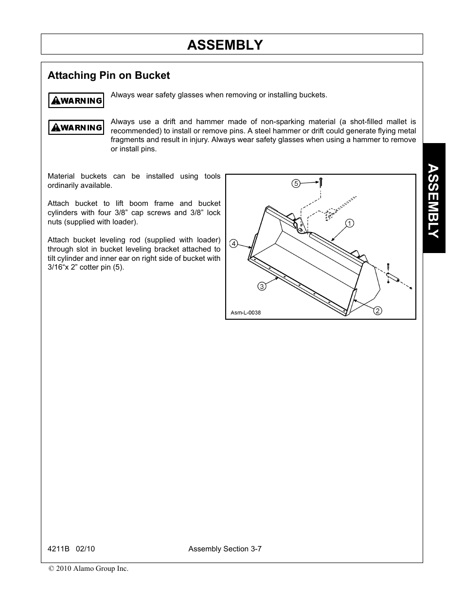 Attaching pin on bucket, Attaching pin on bucket -7, Assembly | Assembl y | Servis-Rhino 4211B User Manual | Page 41 / 104