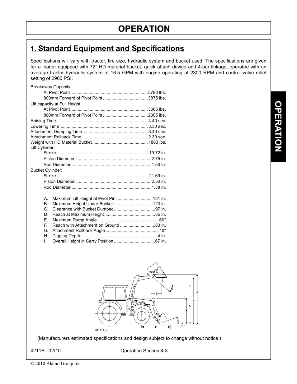 Standard equipment and specifications, A. maximum lift height at pivot pin 131 in, B. maximum height under bucket 123 in | C. clearance with bucket dumped 97 in, D. reach at maximum height 35 in, E. maximum dump angle 60, F. reach with attachment on ground 83 in, G. attachment rollback angle 40, H. digging depth 4 in, I. overall height in carry position 67 in | Servis-Rhino 4211B User Manual | Page 49 / 104