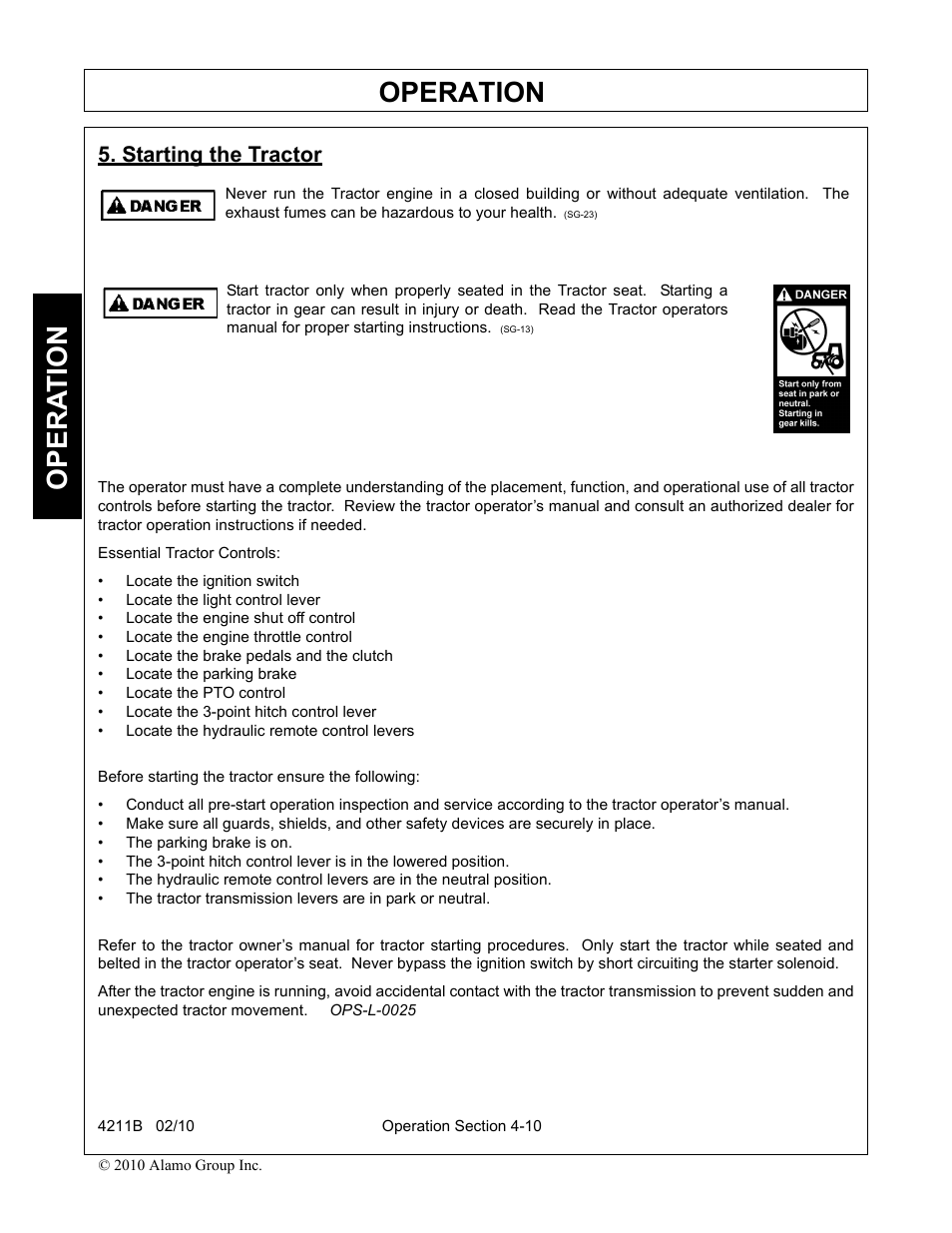 Starting the tractor, Starting the tractor -10, Operation | Opera t ion | Servis-Rhino 4211B User Manual | Page 56 / 104