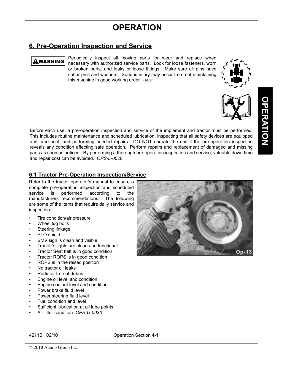 Pre-operation inspection and service, 1 tractor pre-operation inspection/service, Operation | Opera t ion | Servis-Rhino 4211B User Manual | Page 57 / 104