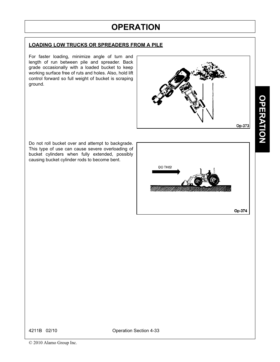 Loading low trucks or spreaders from a pile, Operation, Opera t ion | Servis-Rhino 4211B User Manual | Page 79 / 104
