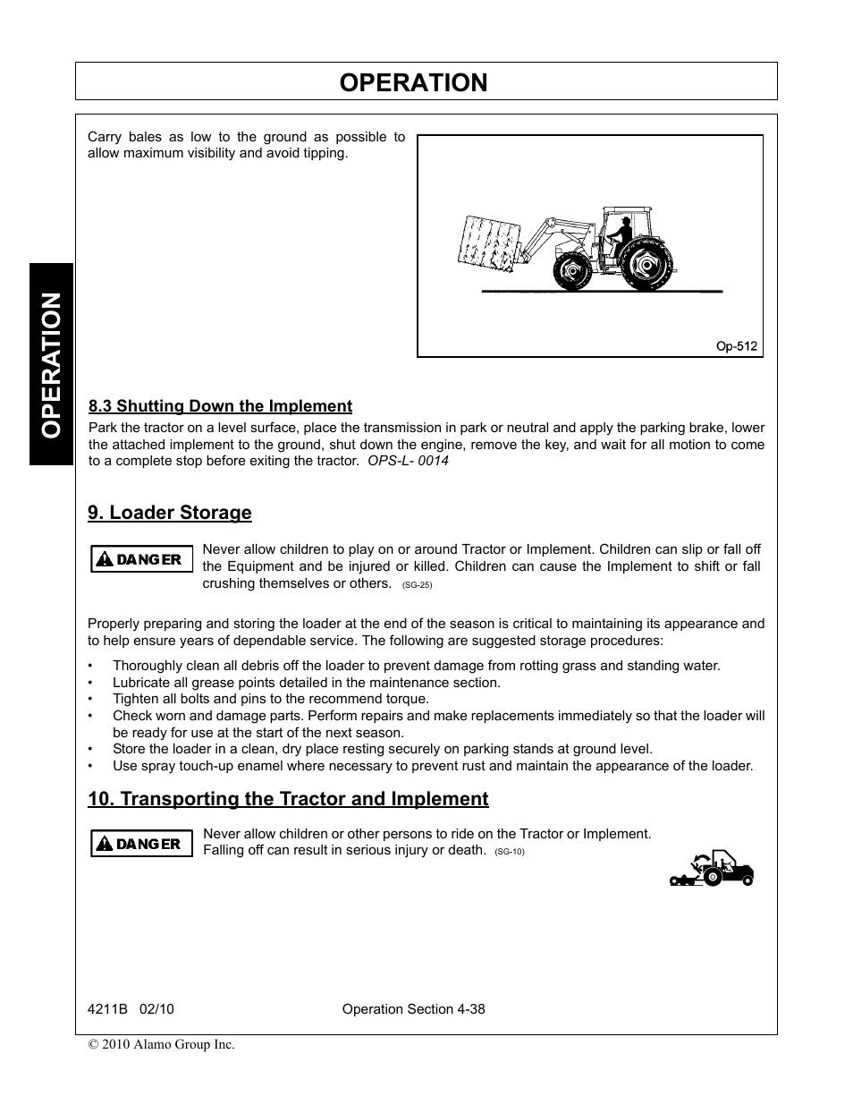 3 shutting down the implement, Loader storage, Transporting the tractor and implement | Shutting down the implement -38 loader storage -38, Transporting the tractor and implement -38, Operation, Opera t ion | Servis-Rhino 4211B User Manual | Page 84 / 104