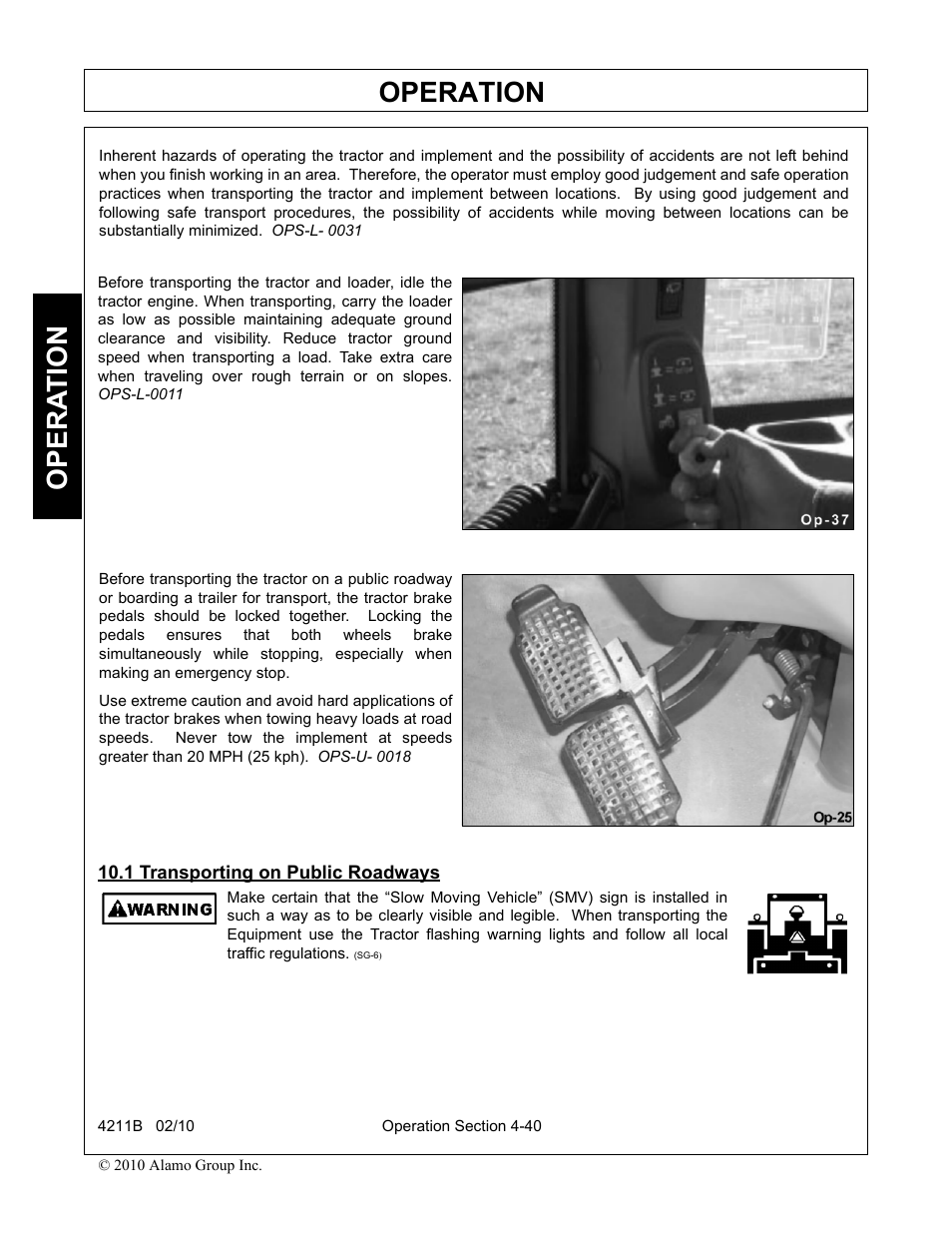 1 transporting on public roadways, Transporting on public roadways -40, Operation | Opera t ion | Servis-Rhino 4211B User Manual | Page 86 / 104