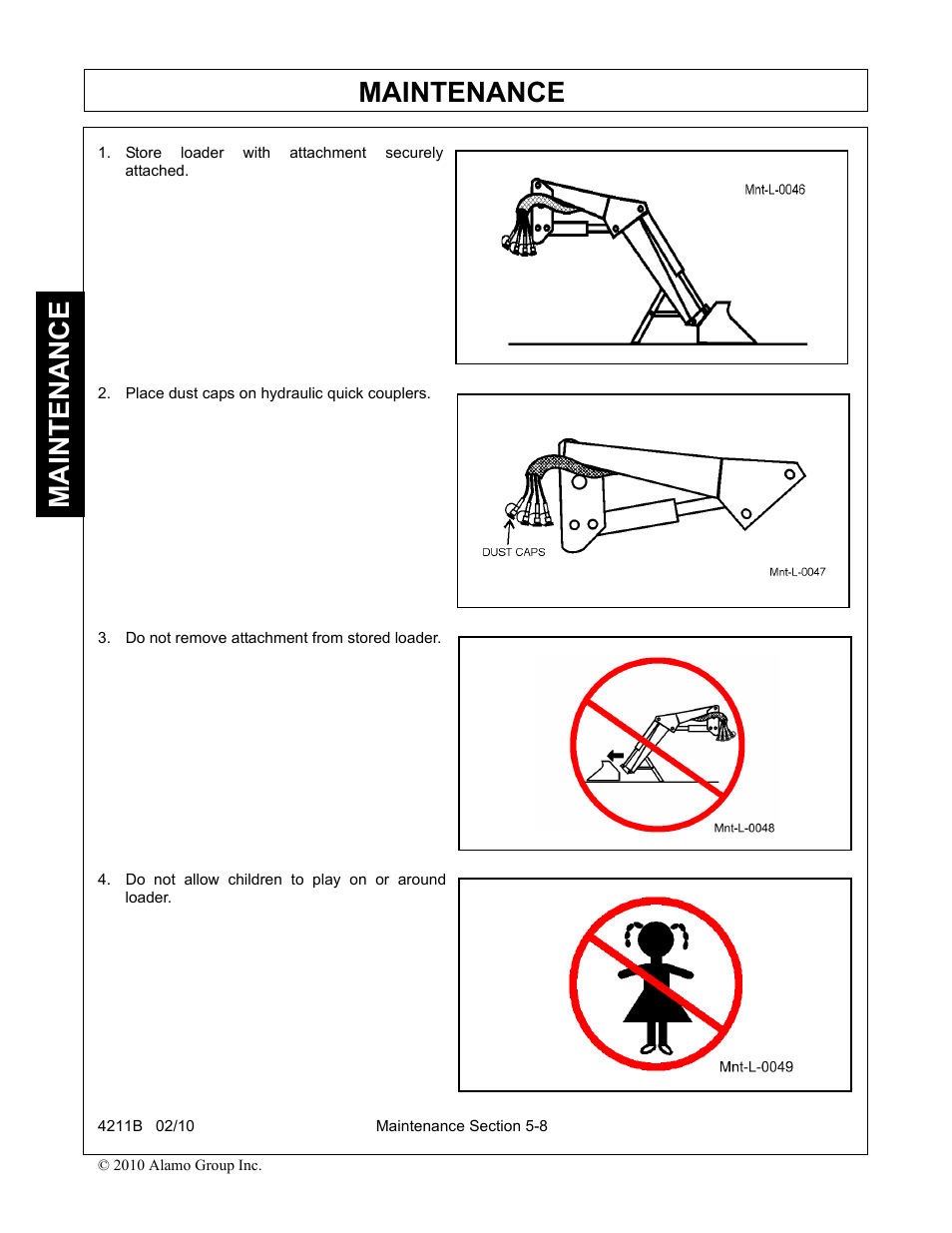 Store loader with attachment securely attached, Place dust caps on hydraulic quick couplers, Do not remove attachment from stored loader | Do not allow children to play on or around loader, Maintenance | Servis-Rhino 4211B User Manual | Page 98 / 104