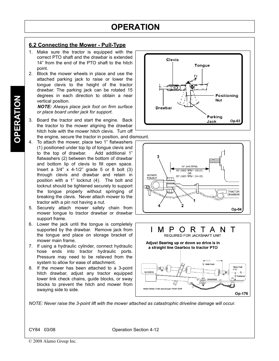 2 connecting the mower - pull-type, Connecting the mower - pull-type -12, Operation | Opera t ion | Servis-Rhino CY84 User Manual | Page 100 / 146