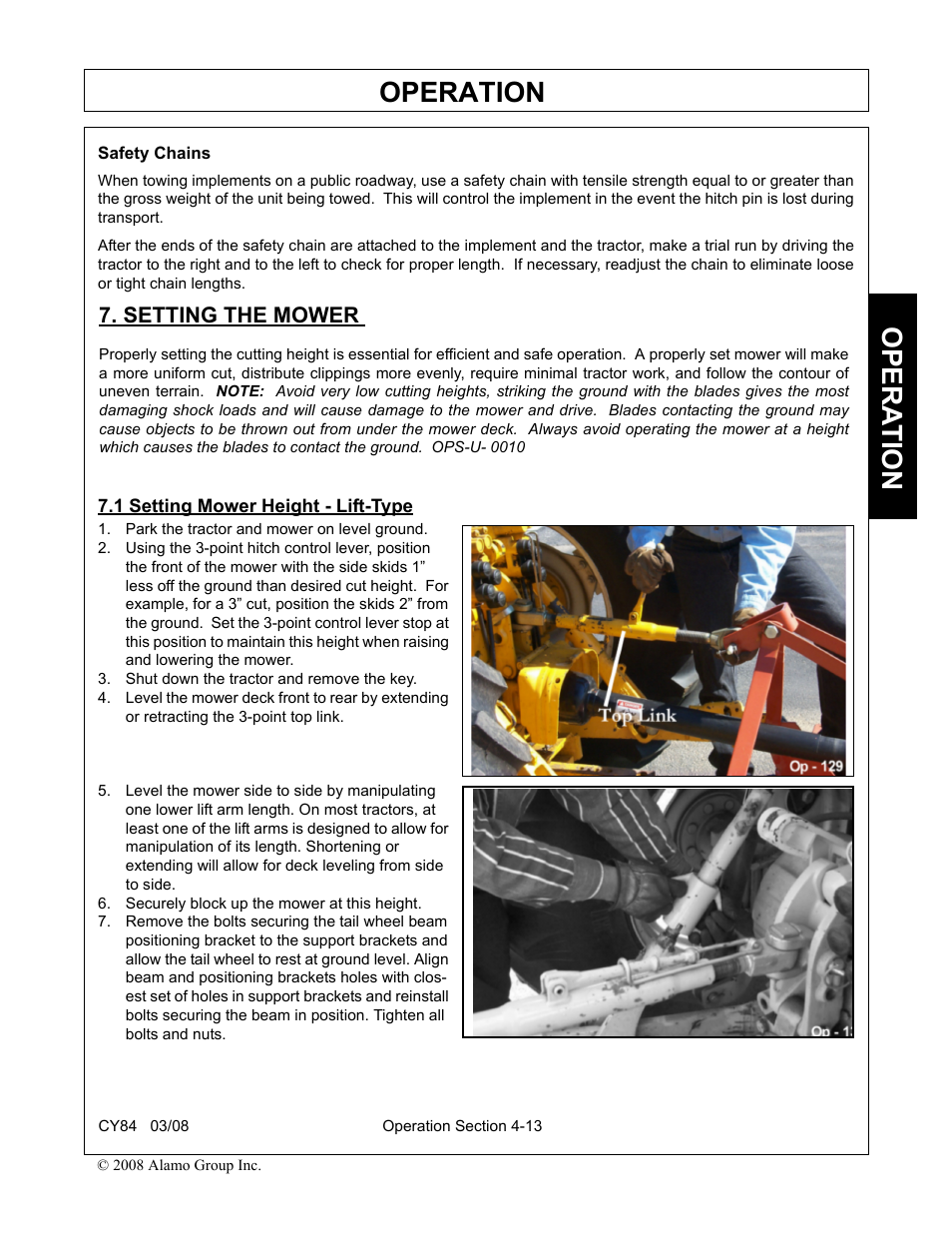 Setting the mower, 1 setting mower height - lift-type, Park the tractor and mower on level ground | Shut down the tractor and remove the key, Securely block up the mower at this height, Operation, Opera t ion | Servis-Rhino CY84 User Manual | Page 101 / 146