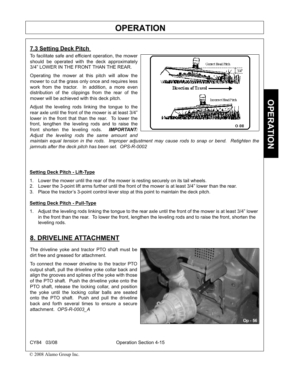 3 setting deck pitch, Driveline attachment, Setting deck pitch -15 driveline attachment -15 | Operation, Opera t ion | Servis-Rhino CY84 User Manual | Page 103 / 146