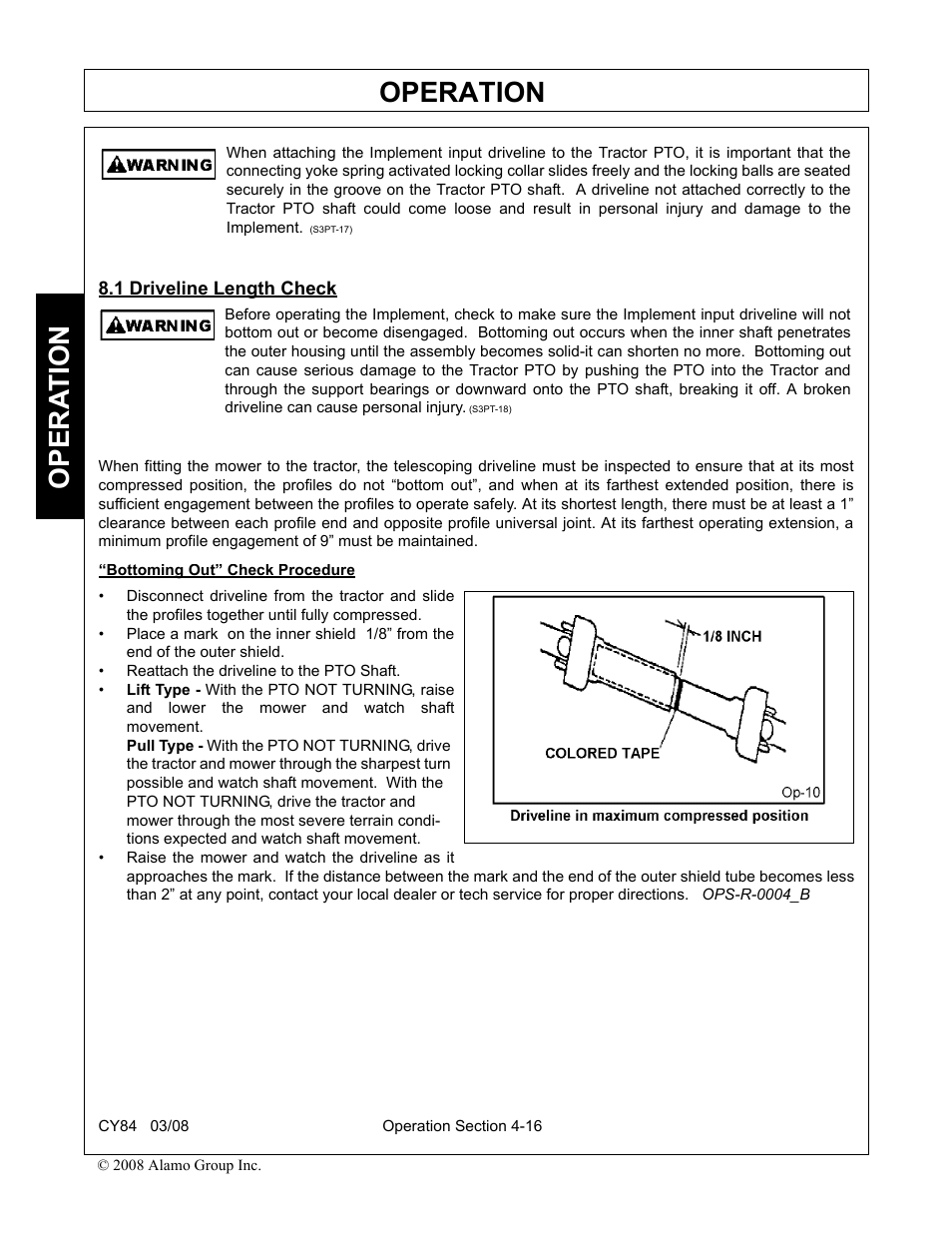 1 driveline length check, Driveline length check -16, Operation | Opera t ion | Servis-Rhino CY84 User Manual | Page 104 / 146