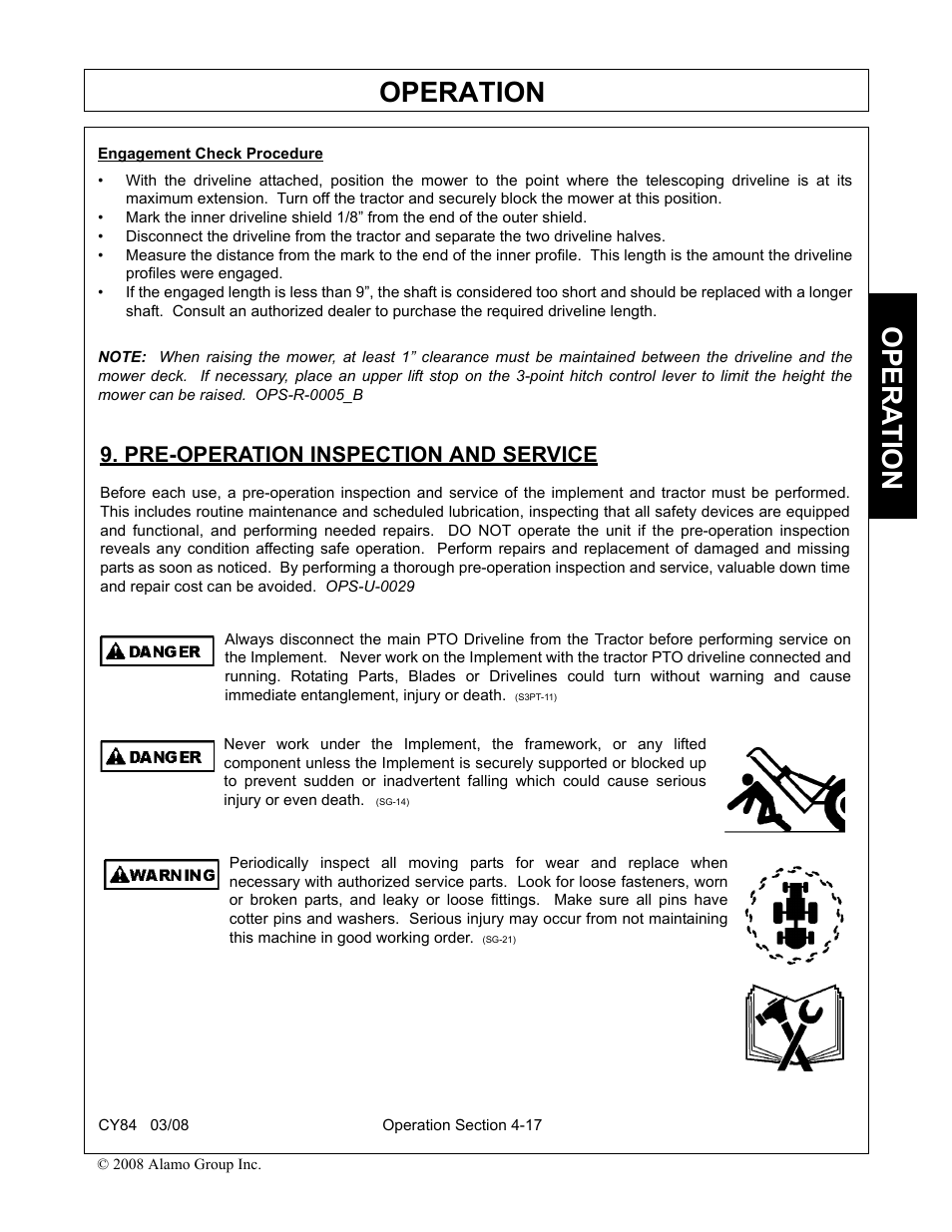 Pre-operation inspection and service, Pre-operation inspection and service -17, Operation | Opera t ion | Servis-Rhino CY84 User Manual | Page 105 / 146