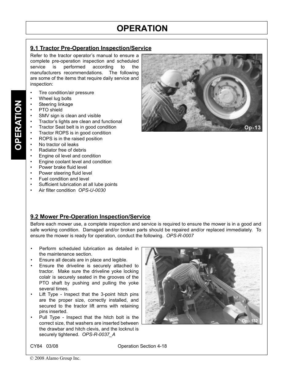 1 tractor pre-operation inspection/service, 2 mower pre-operation inspection/service, Operation | Opera t ion | Servis-Rhino CY84 User Manual | Page 106 / 146