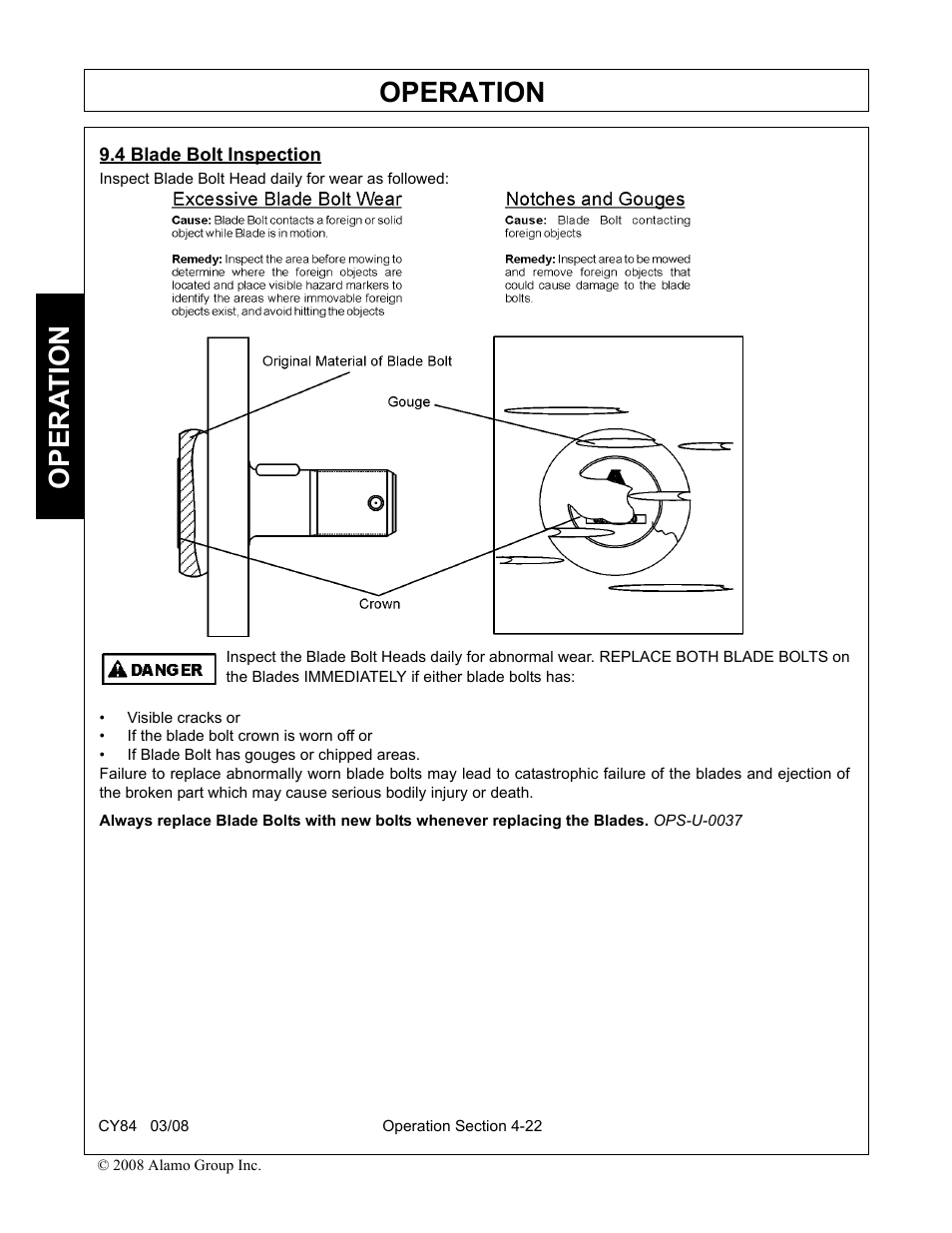 4 blade bolt inspection, Blade bolt inspection -22, Operation | Opera t ion | Servis-Rhino CY84 User Manual | Page 110 / 146