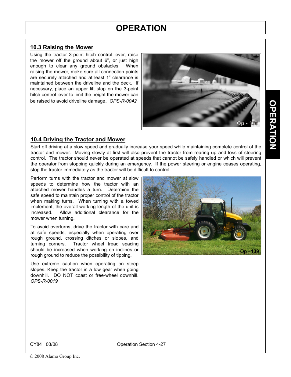 3 raising the mower, 4 driving the tractor and mower, Operation | Opera t ion | Servis-Rhino CY84 User Manual | Page 115 / 146