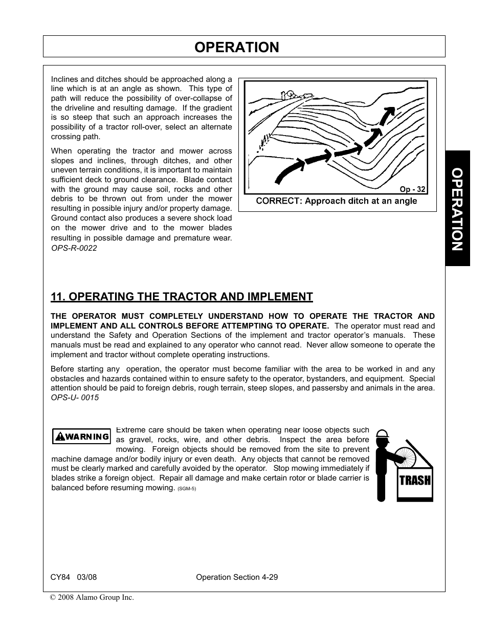 Operating the tractor and implement, Operating the tractor and implement -29, Operation | Opera t ion | Servis-Rhino CY84 User Manual | Page 117 / 146