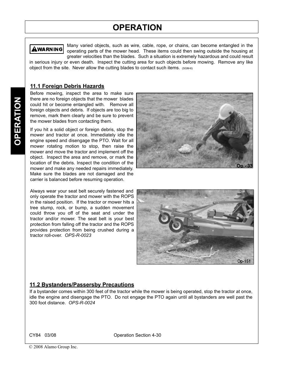 1 foreign debris hazards, 2 bystanders/passersby precautions, Operation | Opera t ion | Servis-Rhino CY84 User Manual | Page 118 / 146