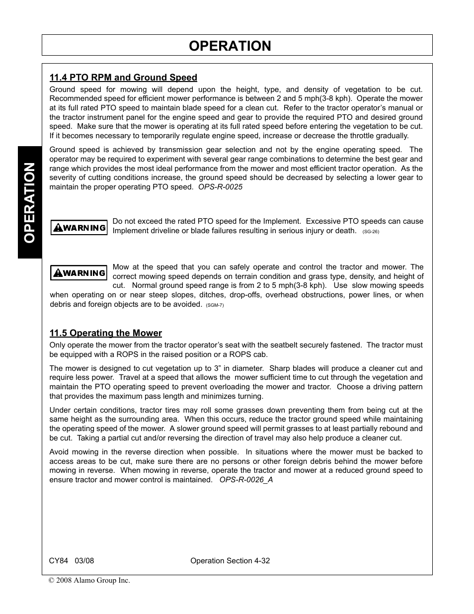 4 pto rpm and ground speed, 5 operating the mower, Operation | Opera t ion | Servis-Rhino CY84 User Manual | Page 120 / 146