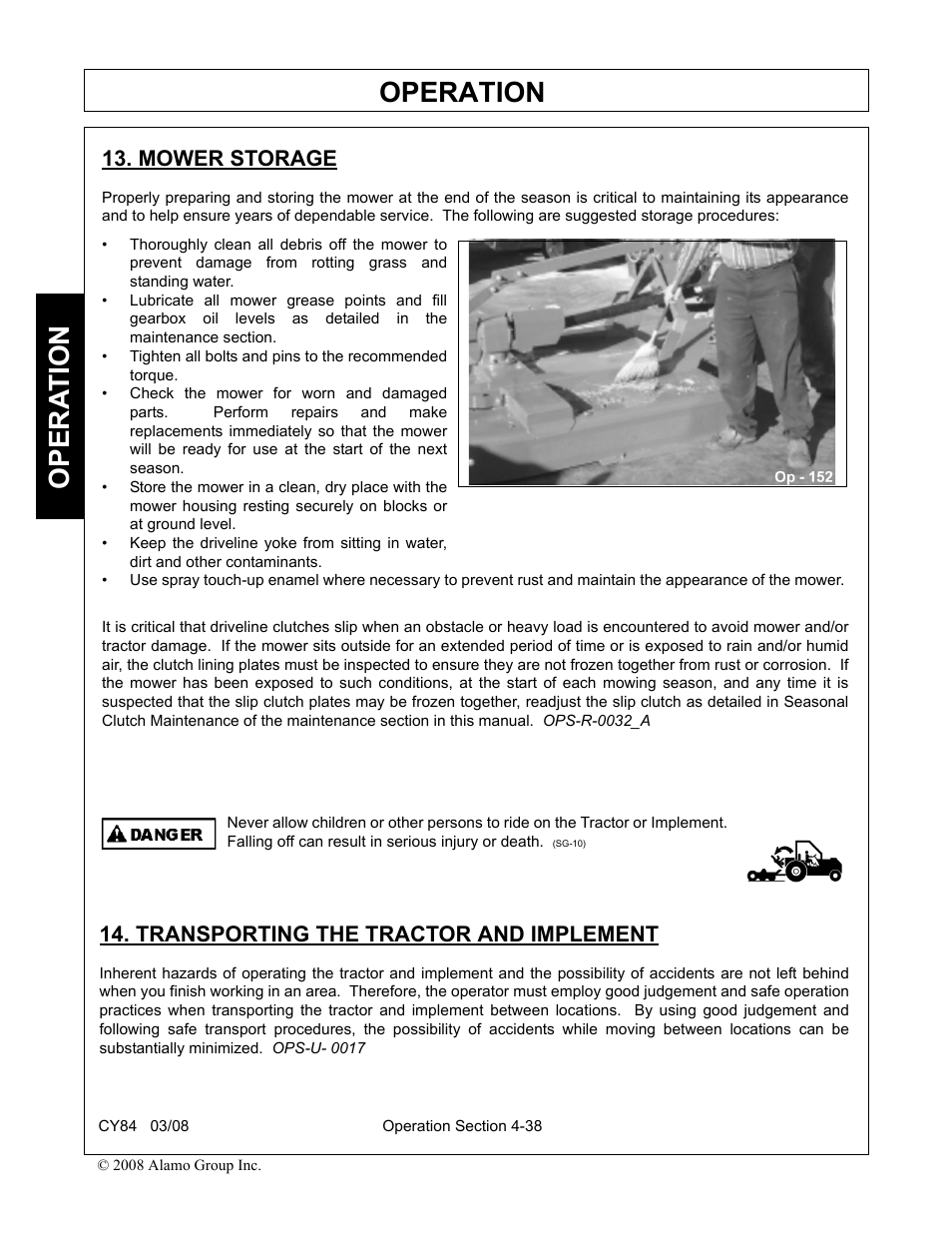 Mower storage, Transporting the tractor and implement, Operation | Opera t ion | Servis-Rhino CY84 User Manual | Page 126 / 146
