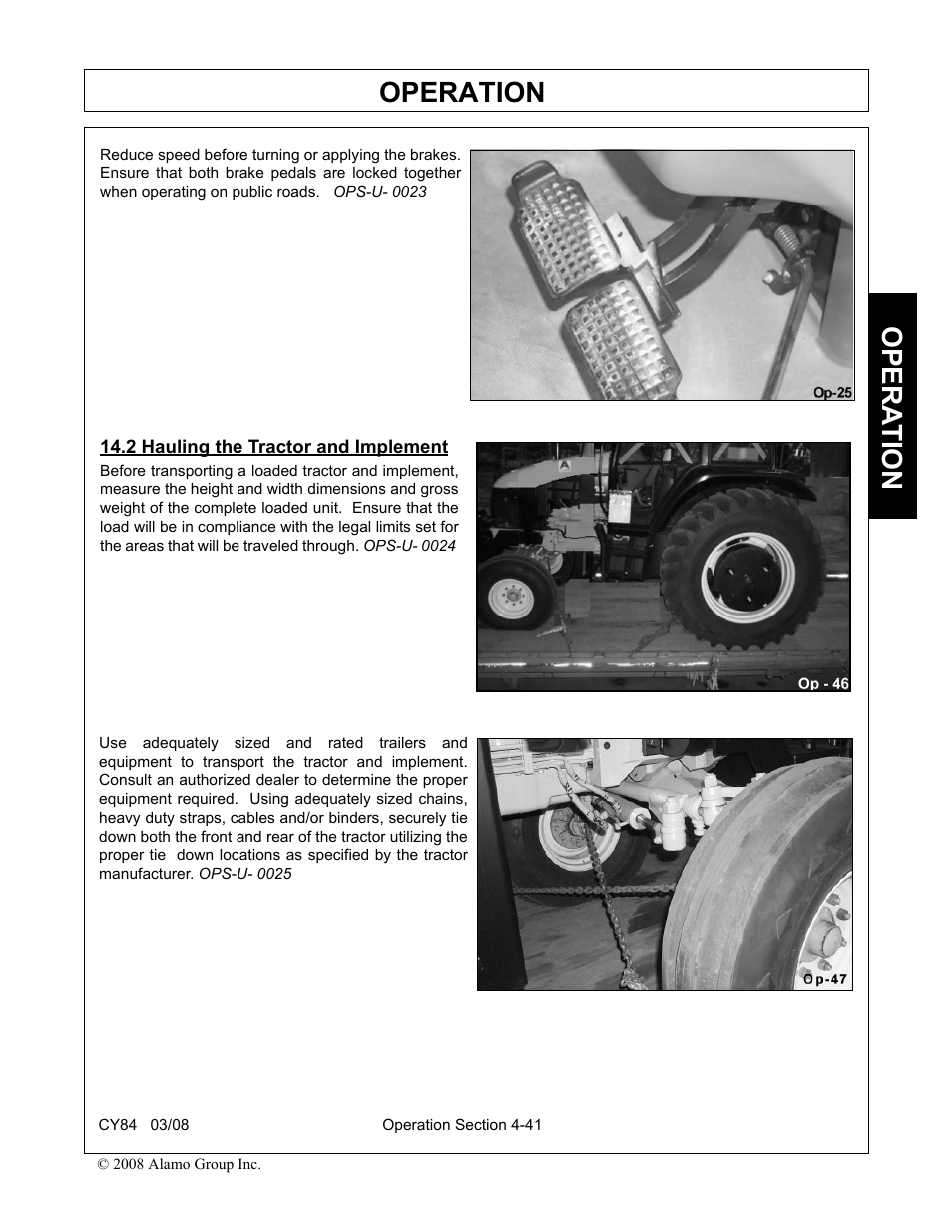 2 hauling the tractor and implement, Hauling the tractor and implement -41, Operation | Opera t ion | Servis-Rhino CY84 User Manual | Page 129 / 146