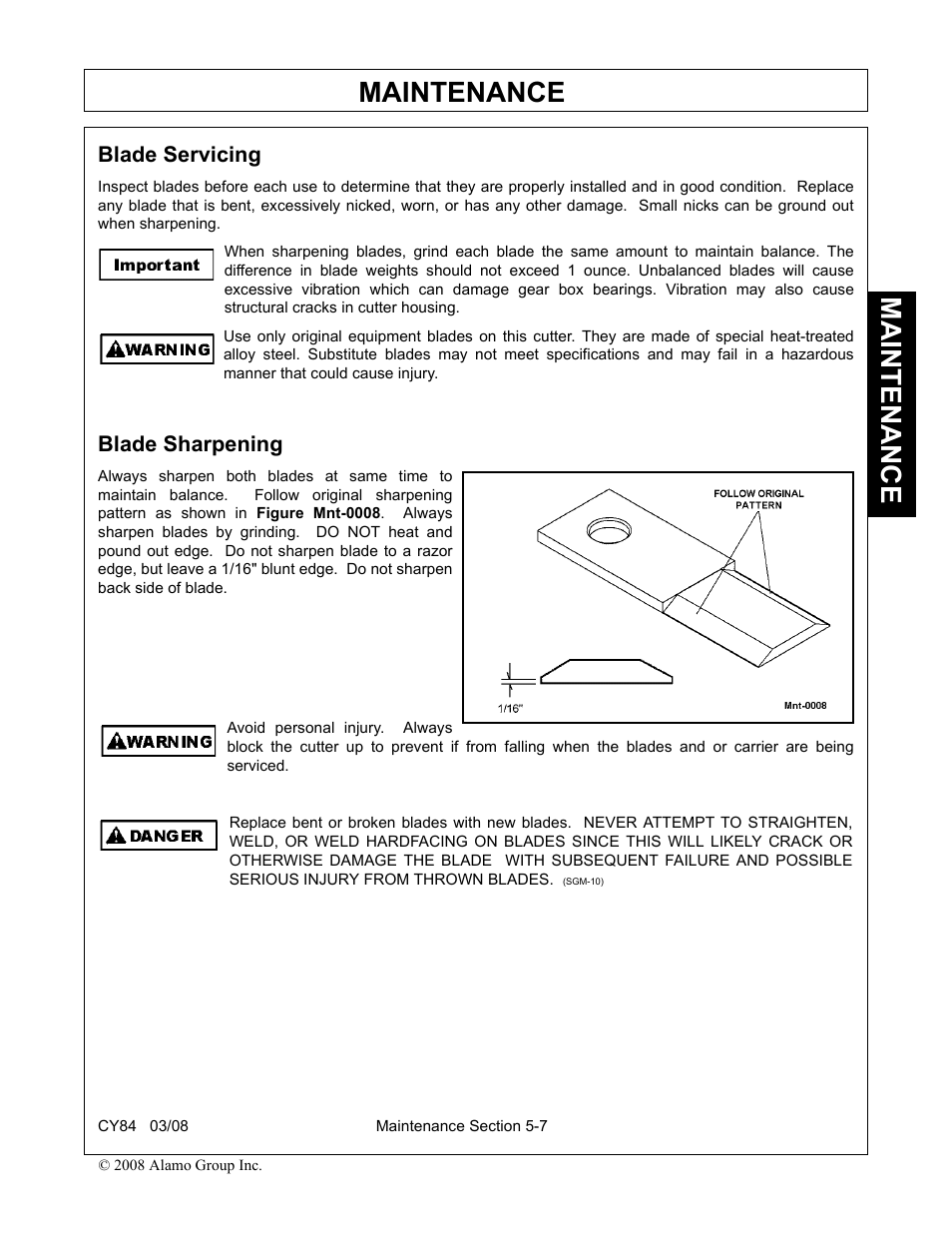 Blade servicing, Blade sharpening, Blade servicing -7 blade sharpening -7 | Maintenance | Servis-Rhino CY84 User Manual | Page 141 / 146