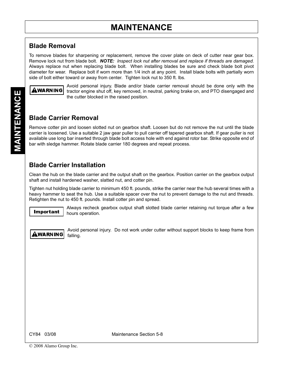 Blade removal, Blade carrier removal, Blade carrier installation | Maintenance | Servis-Rhino CY84 User Manual | Page 142 / 146