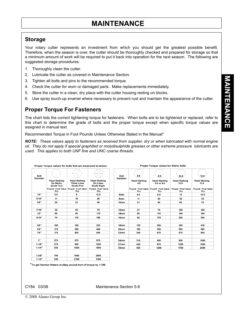 Storage, Thoroughly clean the cutter, Proper torque for fasteners | Storage -9 proper torque for fasteners -9, Maintenance | Servis-Rhino CY84 User Manual | Page 143 / 146