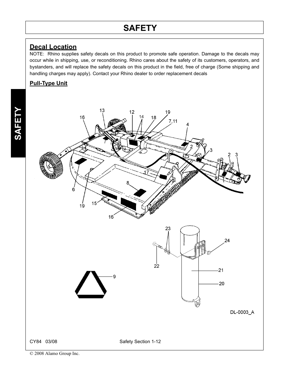 Decal location, Decal location -12, Safety | Servis-Rhino CY84 User Manual | Page 18 / 146