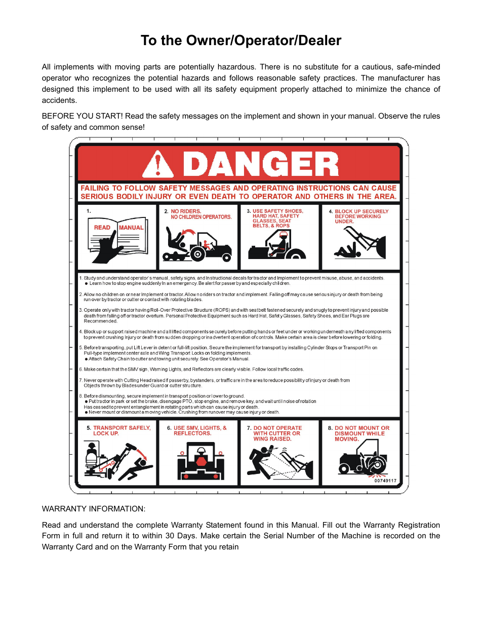 To the owner/operator/dealer | Servis-Rhino CY84 User Manual | Page 2 / 146