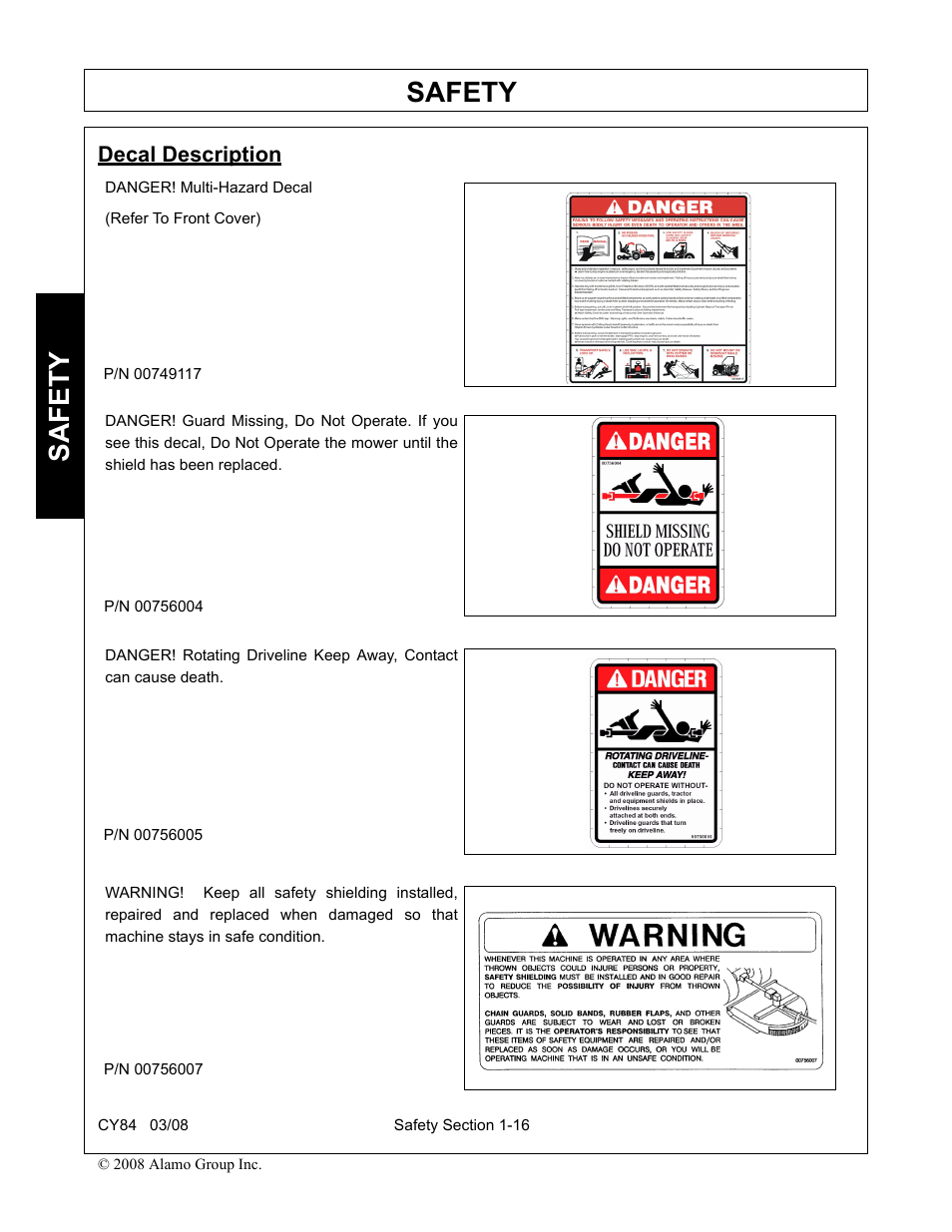 Decal description, Decal description -16, Safety | Servis-Rhino CY84 User Manual | Page 22 / 146