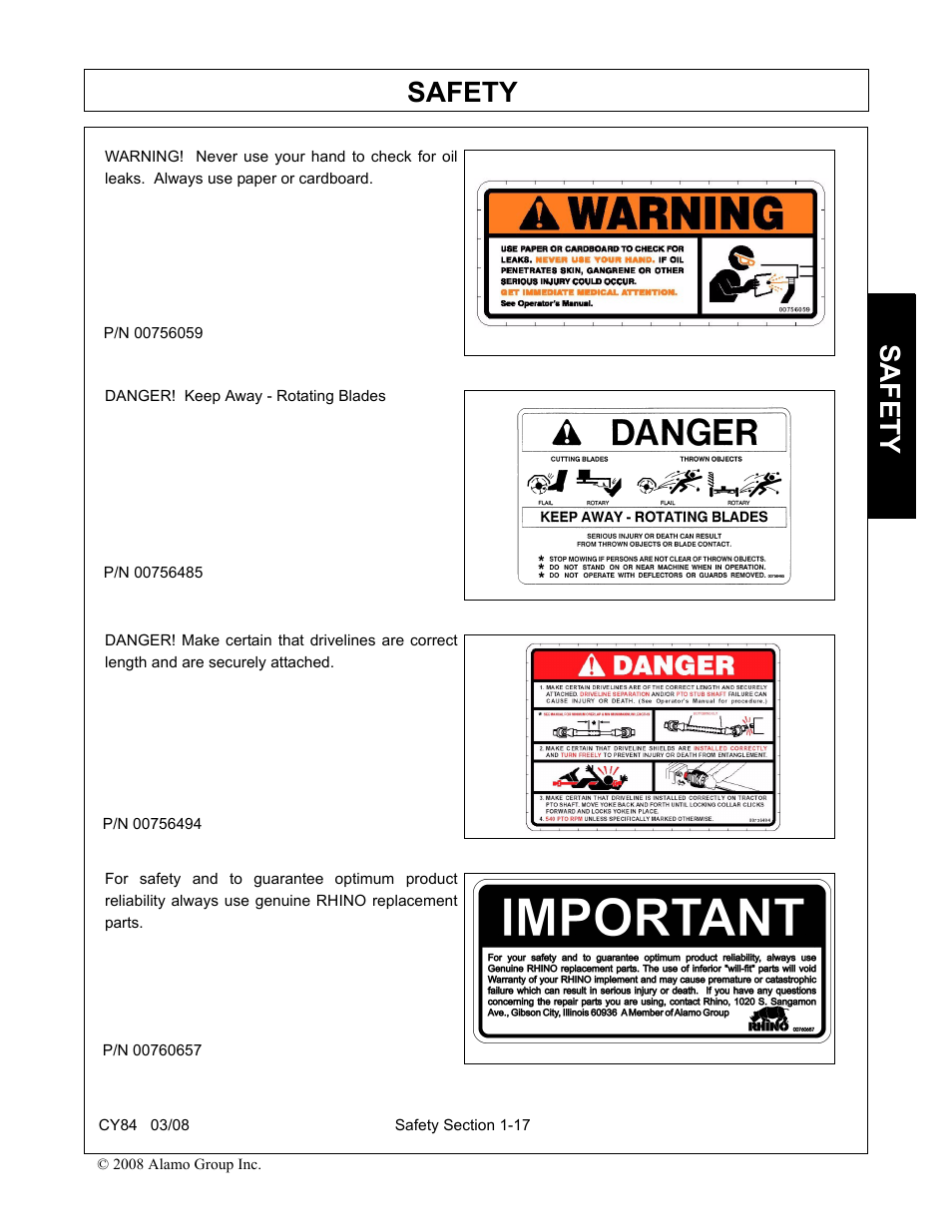 Safety | Servis-Rhino CY84 User Manual | Page 23 / 146