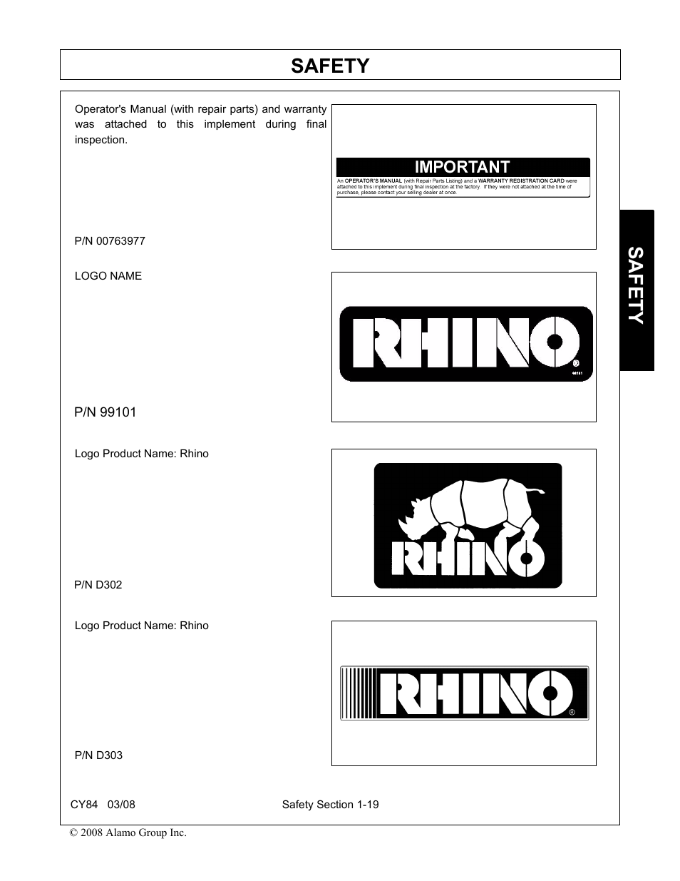 Safety | Servis-Rhino CY84 User Manual | Page 25 / 146