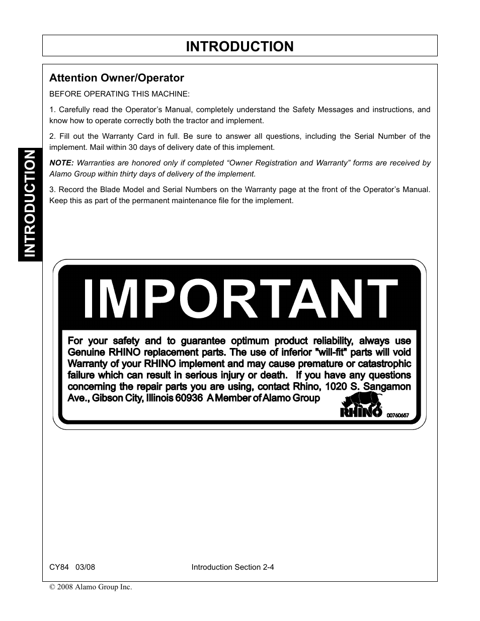 Attention owner/operator, Attention owner/operator -4, Introduction | Servis-Rhino CY84 User Manual | Page 78 / 146