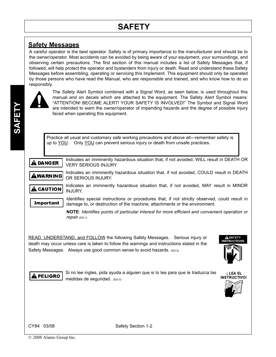 Safety messages, Safety messages -2, Safety | Servis-Rhino CY84 User Manual | Page 8 / 146