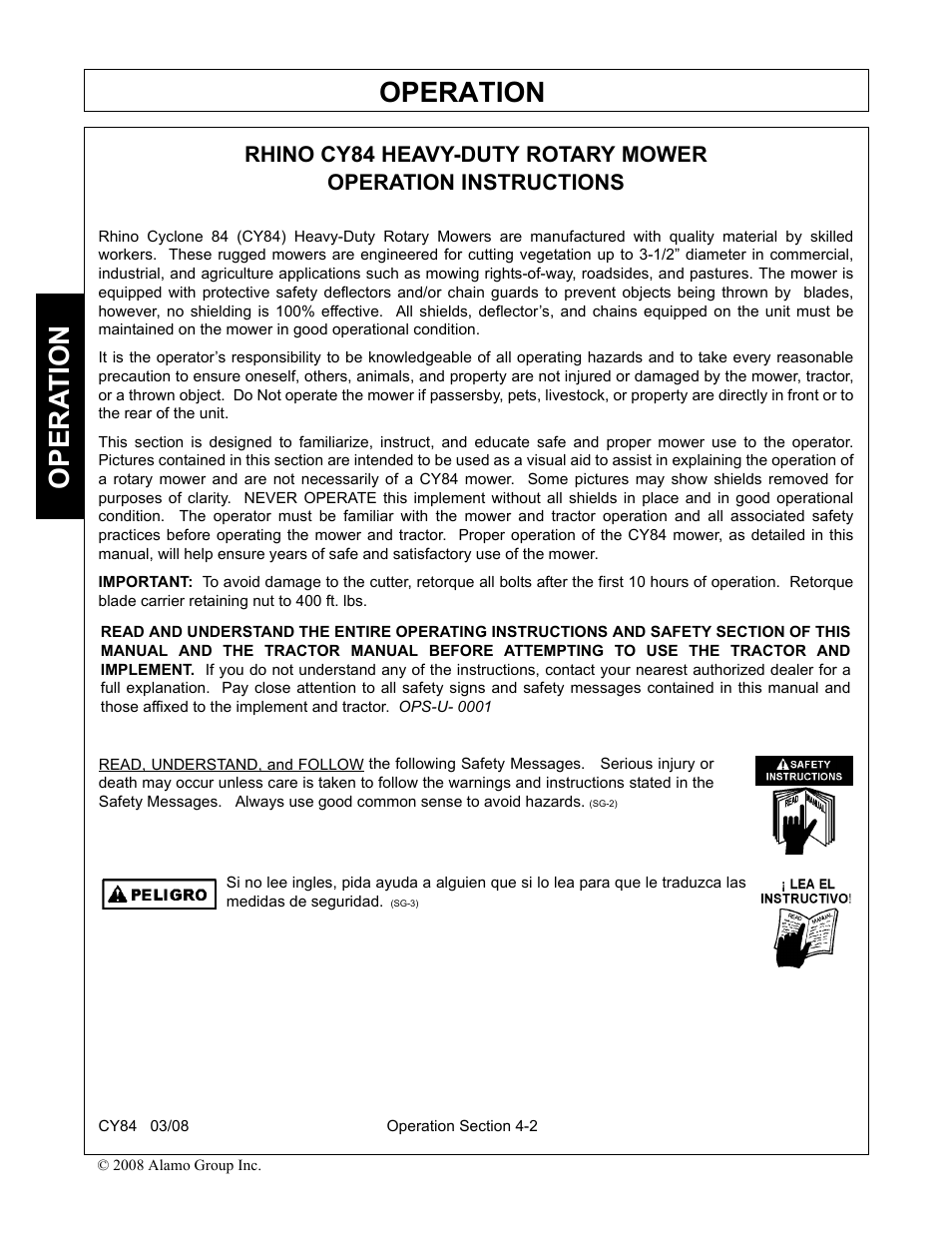 Rhino cy84 heavy-duty rotary mower, Operation instructions, Operation | Opera t ion | Servis-Rhino CY84 User Manual | Page 90 / 146