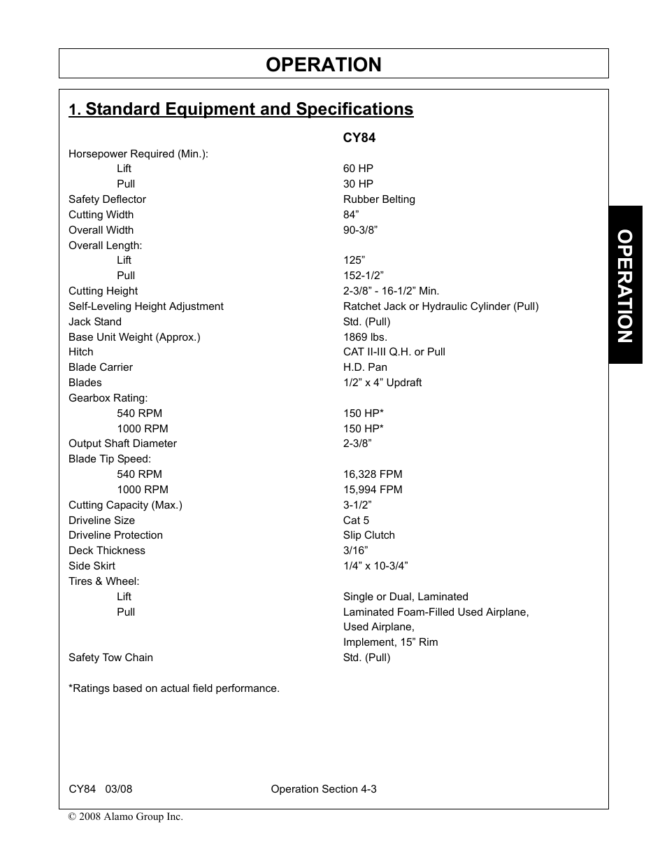 Standard equipment and specifications, Cy84, Standard equipment and specifications -3 | Operation, Opera t ion | Servis-Rhino CY84 User Manual | Page 91 / 146