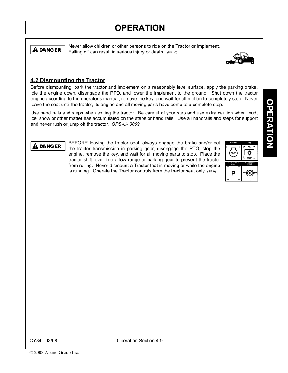 2 dismounting the tractor, Dismounting the tractor -9, Operation | Opera t ion | Servis-Rhino CY84 User Manual | Page 97 / 146
