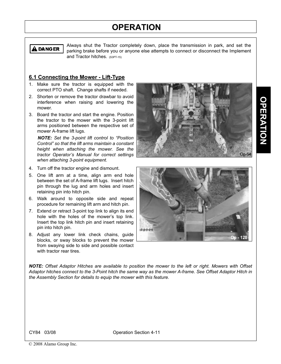 1 connecting the mower - lift-type, Turn off the tractor engine and dismount, Connecting the mower - lift-type -11 | Operation, Opera t ion | Servis-Rhino CY84 User Manual | Page 99 / 146