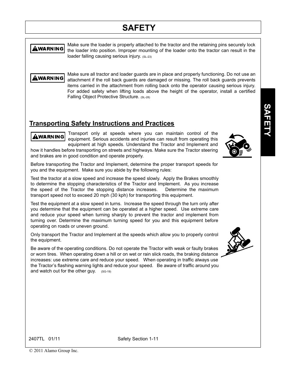 Transporting safety instructions and practices, Transporting safety instructions and practices -11, Safety | Servis-Rhino 2407TL User Manual | Page 15 / 100