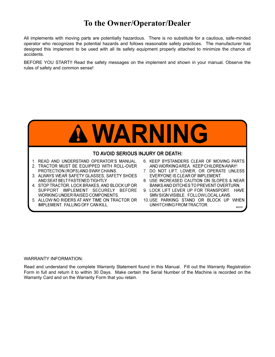 To the owner/operator/dealer | Servis-Rhino 2407TL User Manual | Page 2 / 100