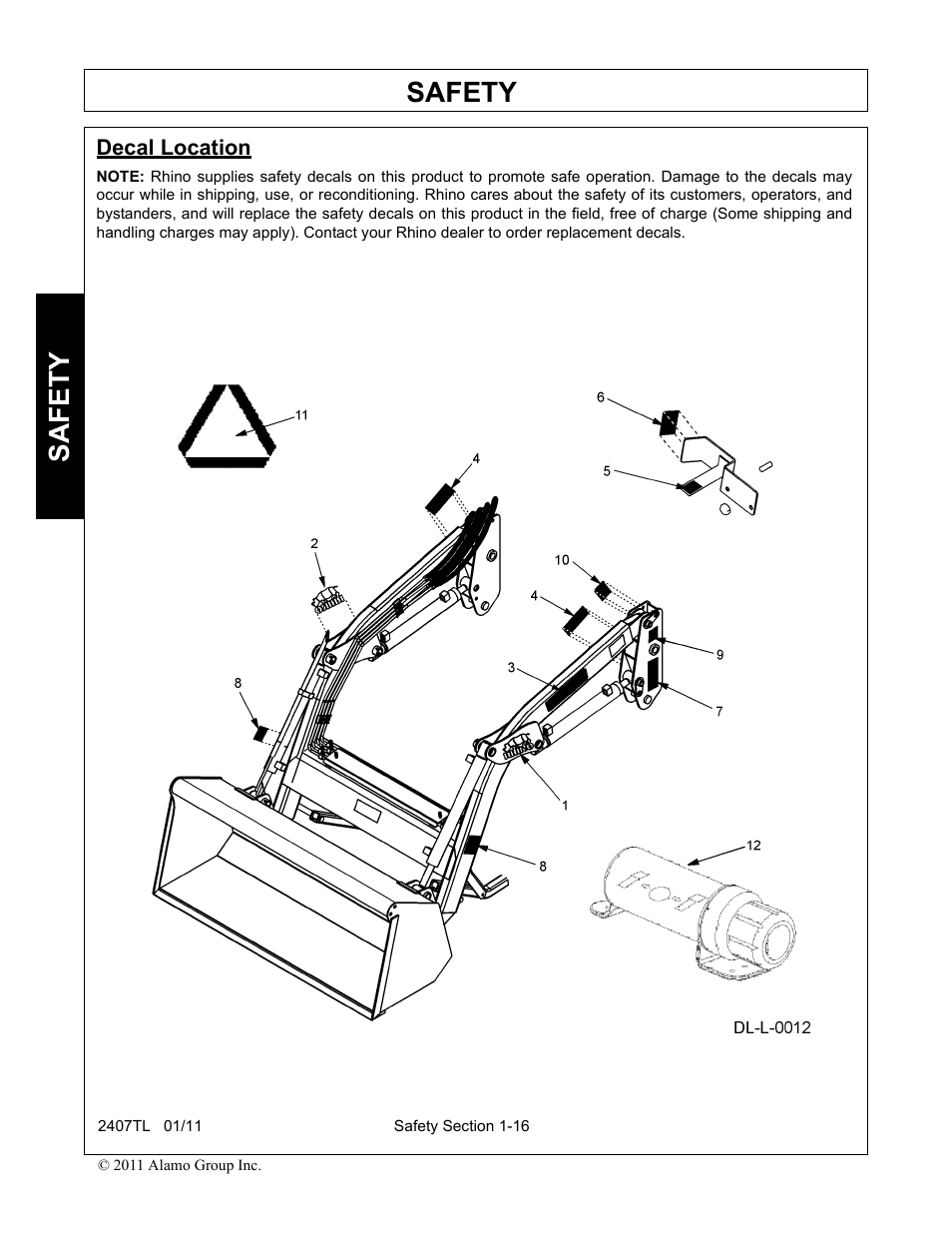 Decal location, Decal location -16, Safety | Servis-Rhino 2407TL User Manual | Page 20 / 100