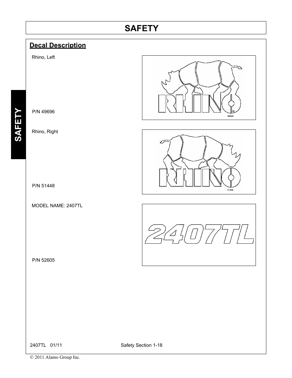 Decal description, Decal description -18, Safety | Servis-Rhino 2407TL User Manual | Page 22 / 100
